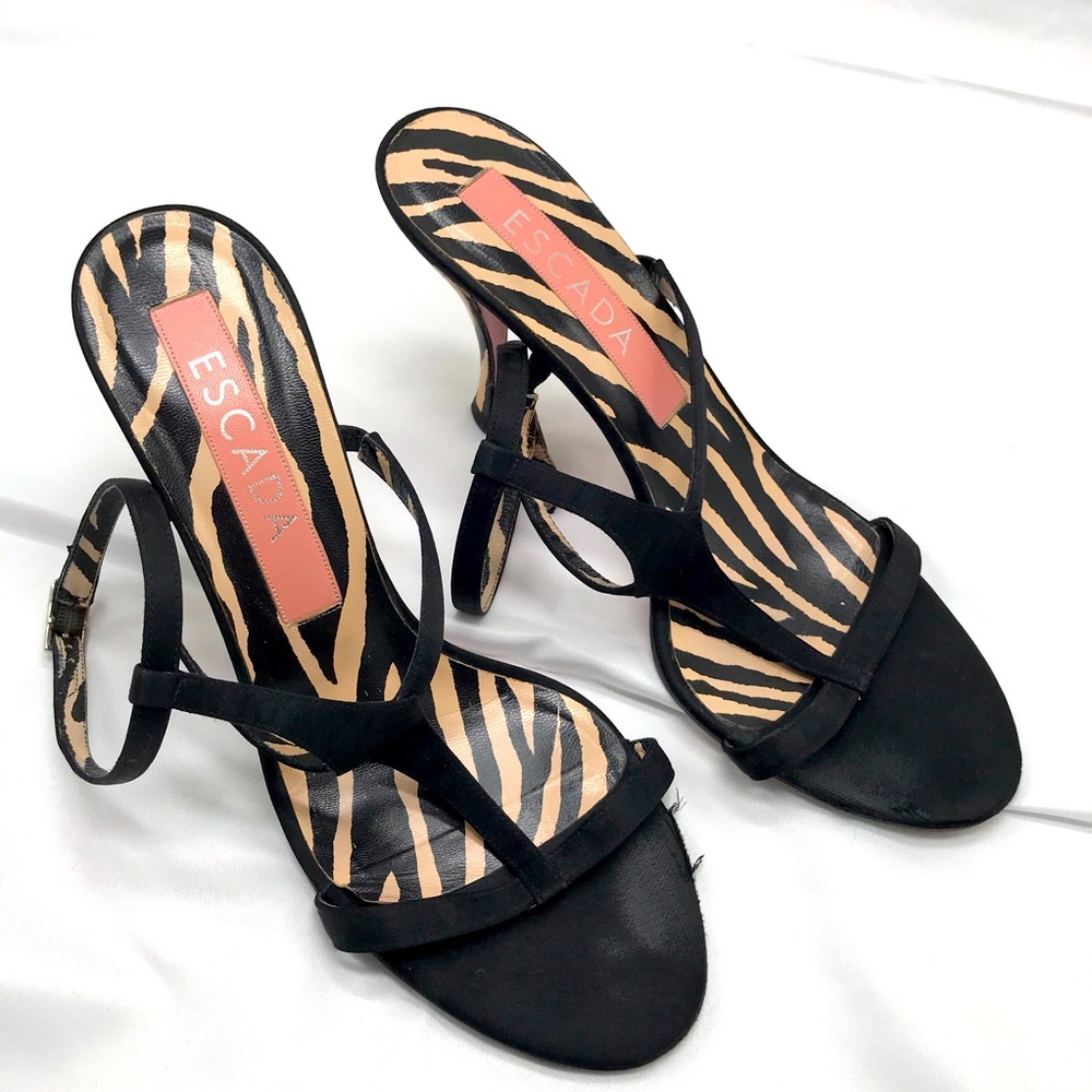 Escada black satin heels ankle strap adjustable buckle zebra stripes size 38.5